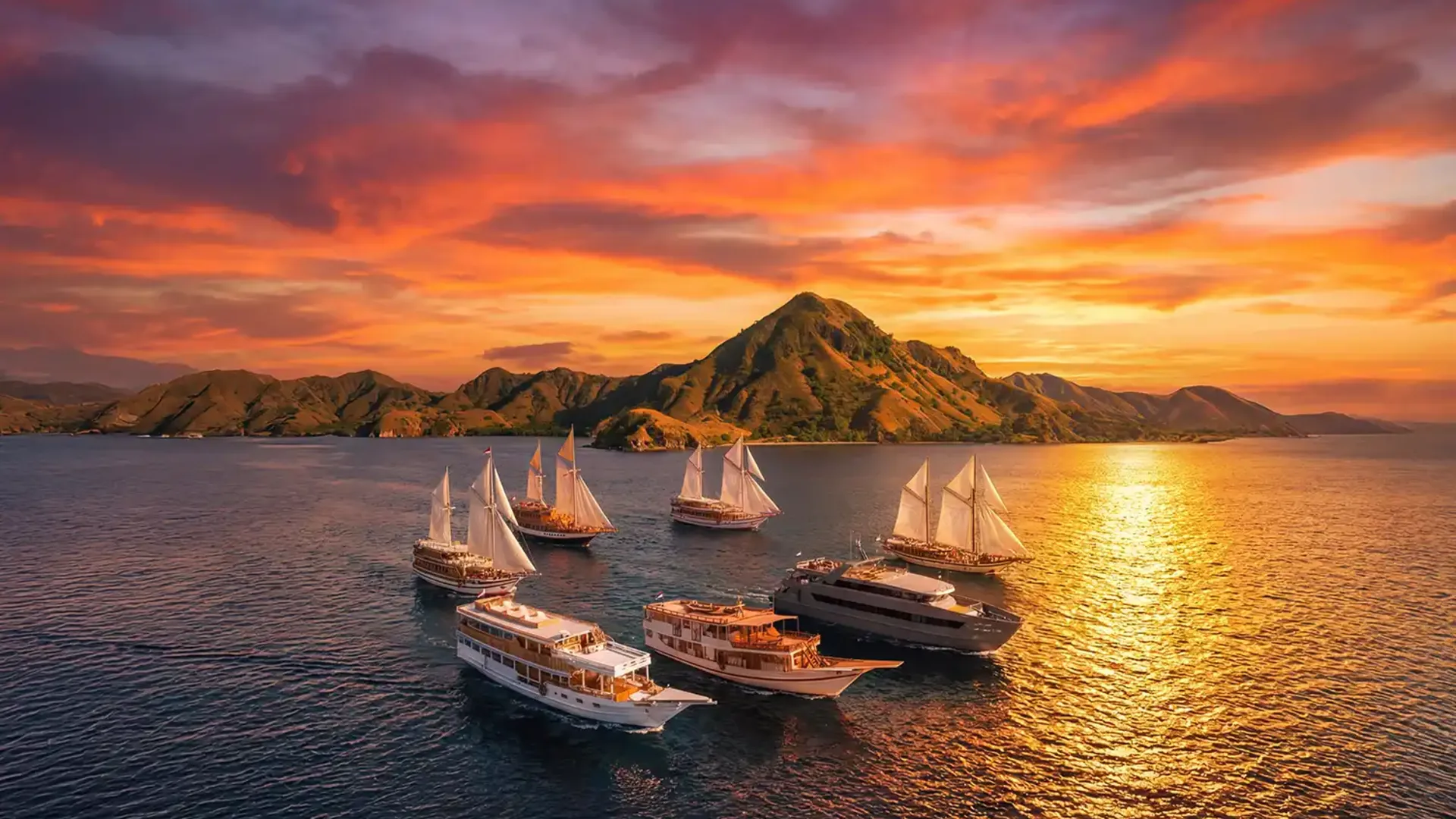Luxury phinisi boats anchored at sunset in Komodo National Park